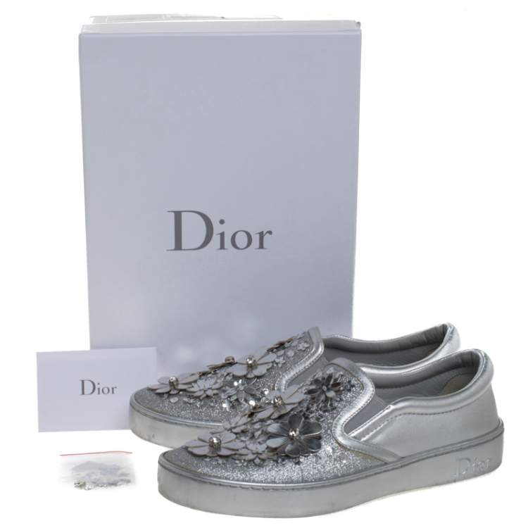 Pre Owned Dior Metallic Silver Glitter Leather Dior Happy Floral Embellished Slip On Sneakers Size 36.5