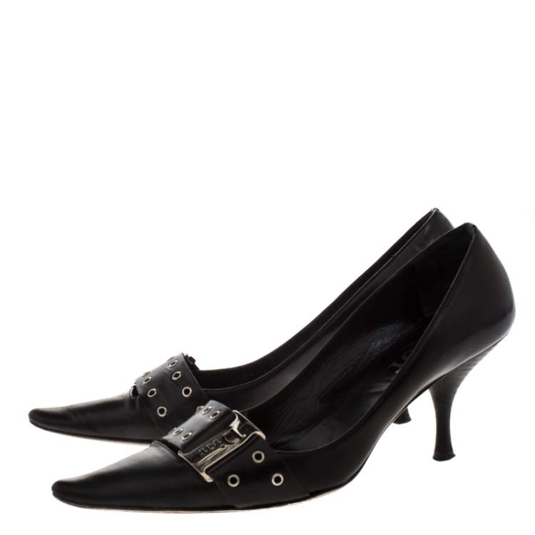 Pre Owned Dior Black Eyelet Leather Buckle Detail Pointed Toe Pumps Size 38.5