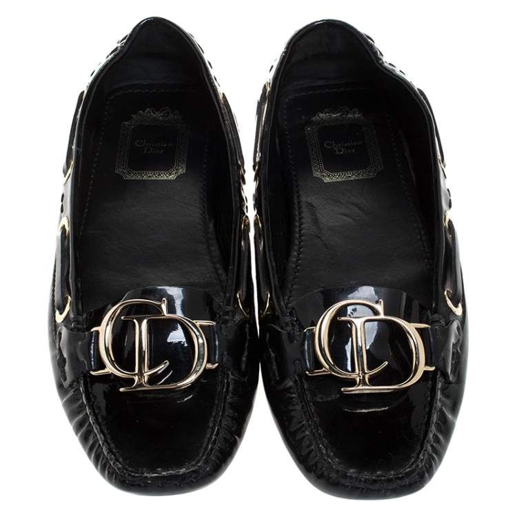Pre Owned Dior Black Patent Leather CD Logo Slip On Loafers Size 37