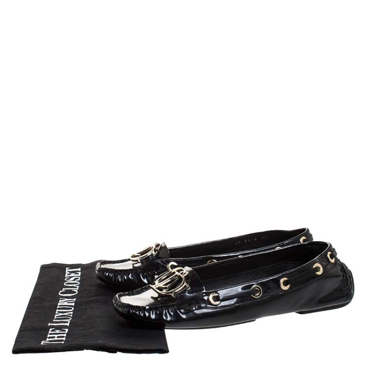 Pre Owned Dior Black Patent Leather CD Logo Slip On Loafers Size 37