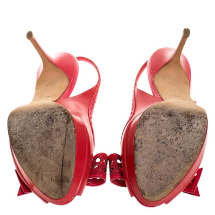 Pre Owned Dior Coral Pink Cannage Cut Leather Bow Peep Toe Slingback Sandals Size 38