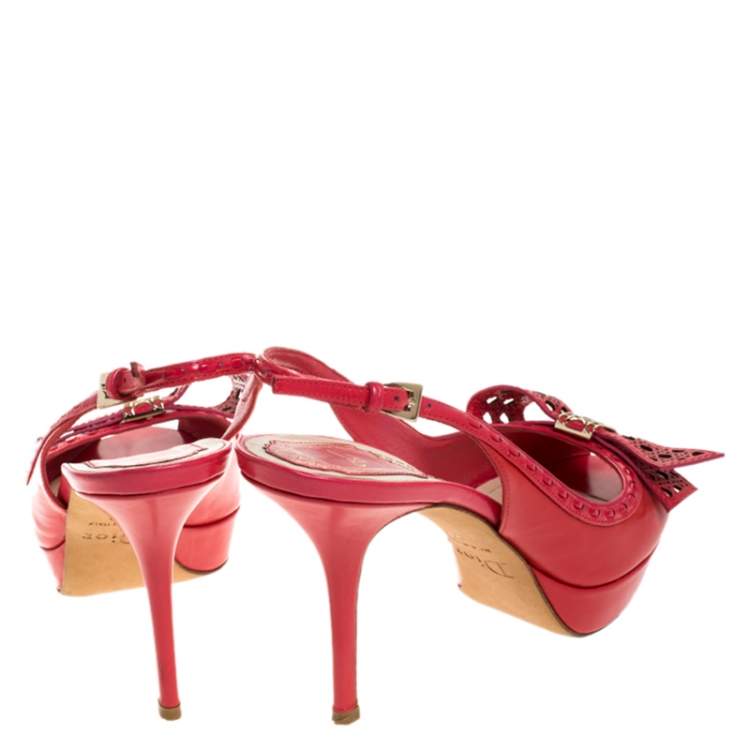 Pre Owned Dior Coral Pink Cannage Cut Leather Bow Peep Toe Slingback Sandals Size 38