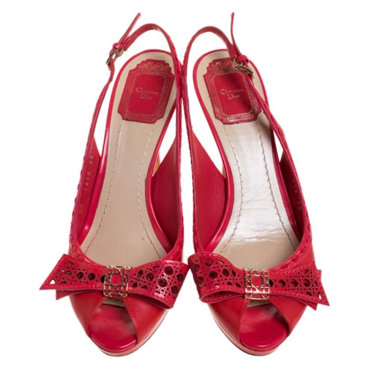 Pre Owned Dior Coral Pink Cannage Cut Leather Bow Peep Toe Slingback Sandals Size 38
