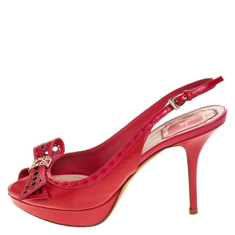 Pre Owned Dior Coral Pink Cannage Cut Leather Bow Peep Toe Slingback Sandals Size 38