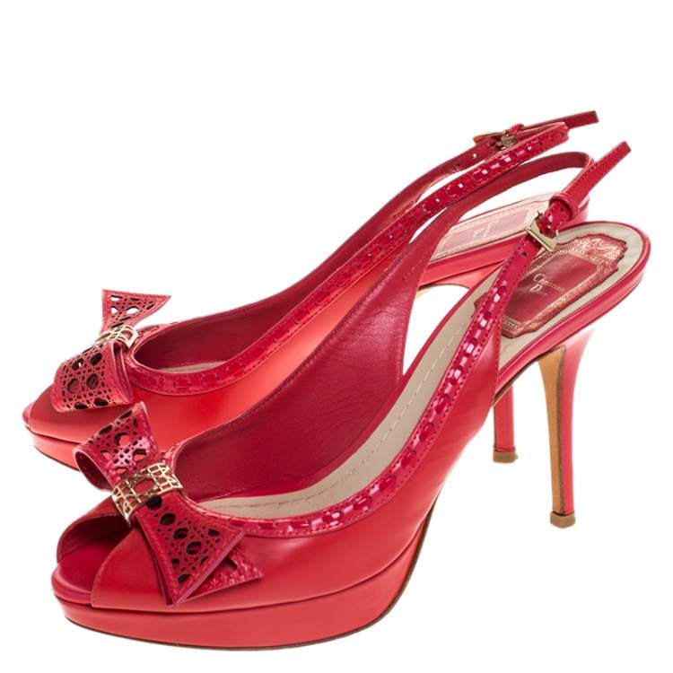 Pre Owned Dior Coral Pink Cannage Cut Leather Bow Peep Toe Slingback Sandals Size 38