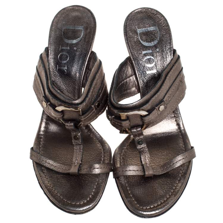 Pre Owned Dior Metallic Leather T Strap Slide Sandals Size 37
