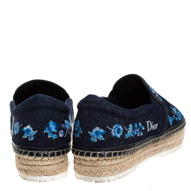 Pre Owned Dior Blue Floral Embroidered Denim Prairie Espadrille Flats Size 39