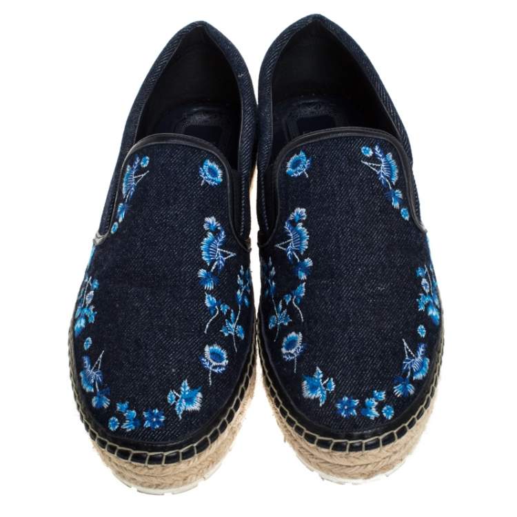 Pre Owned Dior Blue Floral Embroidered Denim Prairie Espadrille Flats Size 39