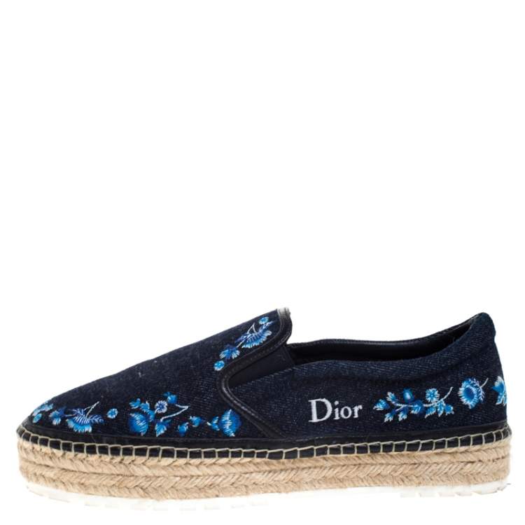 Pre Owned Dior Blue Floral Embroidered Denim Prairie Espadrille Flats Size 39