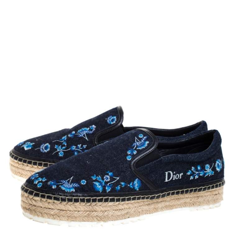 Pre Owned Dior Blue Floral Embroidered Denim Prairie Espadrille Flats Size 39