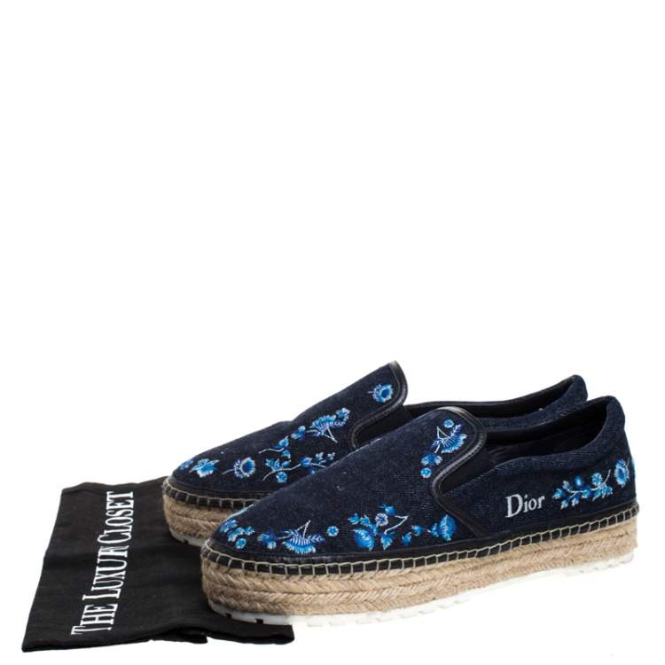 Pre Owned Dior Blue Floral Embroidered Denim Prairie Espadrille Flats Size 39
