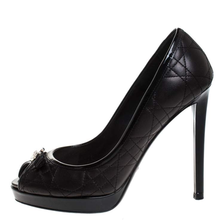 Pre Owned Dior Black Cannage Leather Bow Peep Toe Platform Pumps Size 36