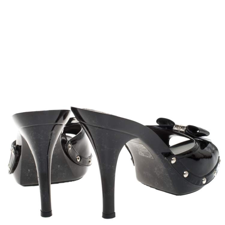 Pre Owned Dior Black Patent Leather Cannage Bow Slides Size 39.5