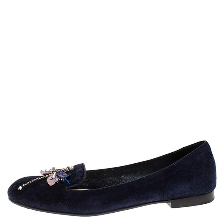 Pre Owned Dior Blue Suede Butterfly Embellished Smoking Slippers Size 38