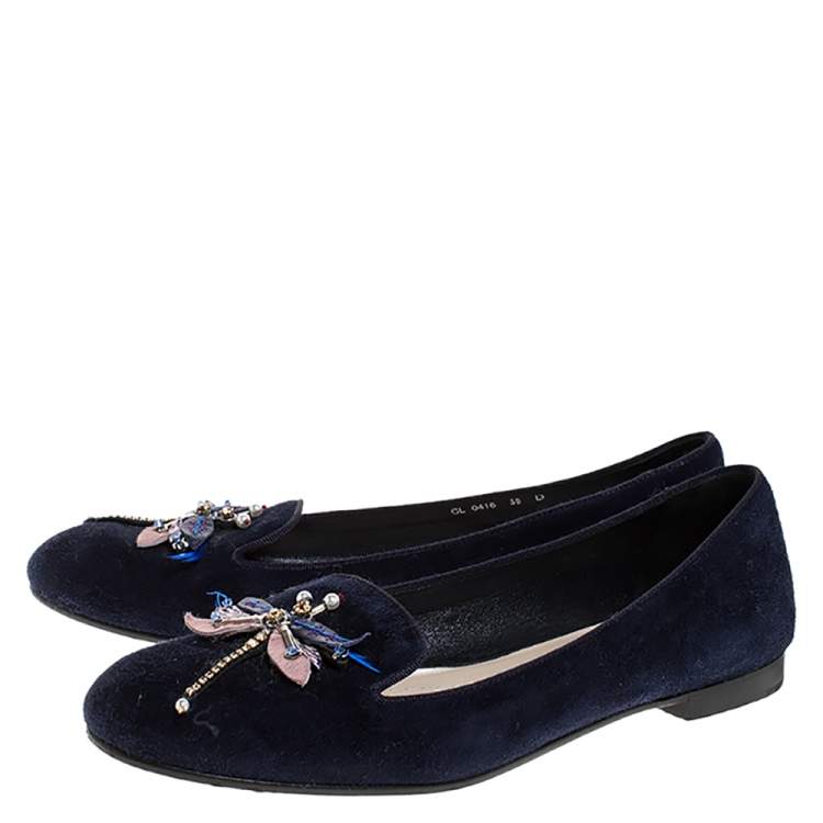 Pre Owned Dior Blue Suede Butterfly Embellished Smoking Slippers Size 38