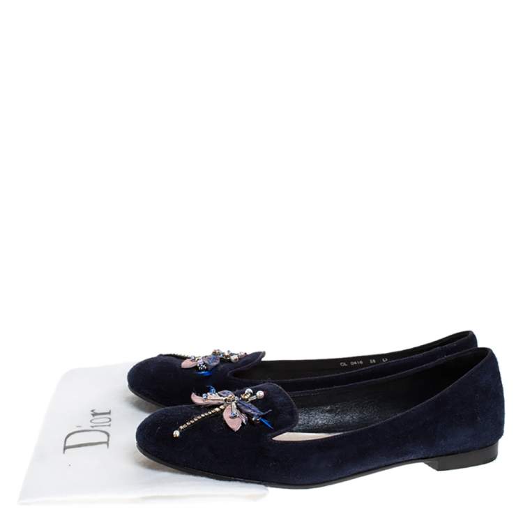 Pre Owned Dior Blue Suede Butterfly Embellished Smoking Slippers Size 38
