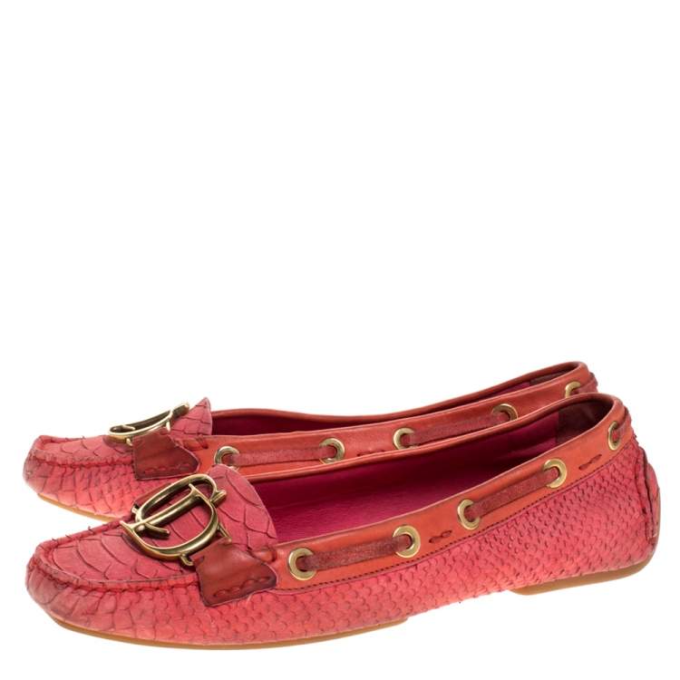 Pre Owned Dior Pink Python Leather CD Logo Loafers Size 38
