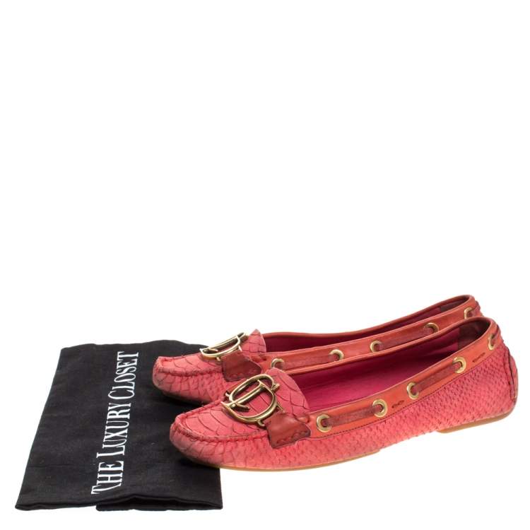 Pre Owned Dior Pink Python Leather CD Logo Loafers Size 38