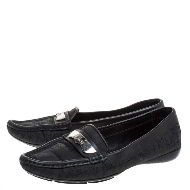 Pre Owned Dior Black Monogram Canvas And Leather Pointed Toe Loafer Flats Size 36