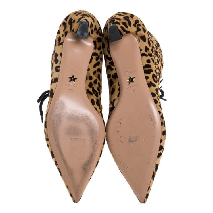 Pre Owned Dior Leopard Print Pony Hair Lace Up Kitten Heel Ankle Boots Size 40