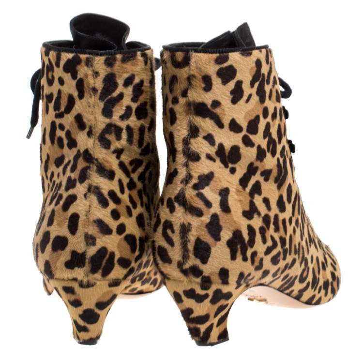 Pre Owned Dior Leopard Print Pony Hair Lace Up Kitten Heel Ankle Boots Size 40