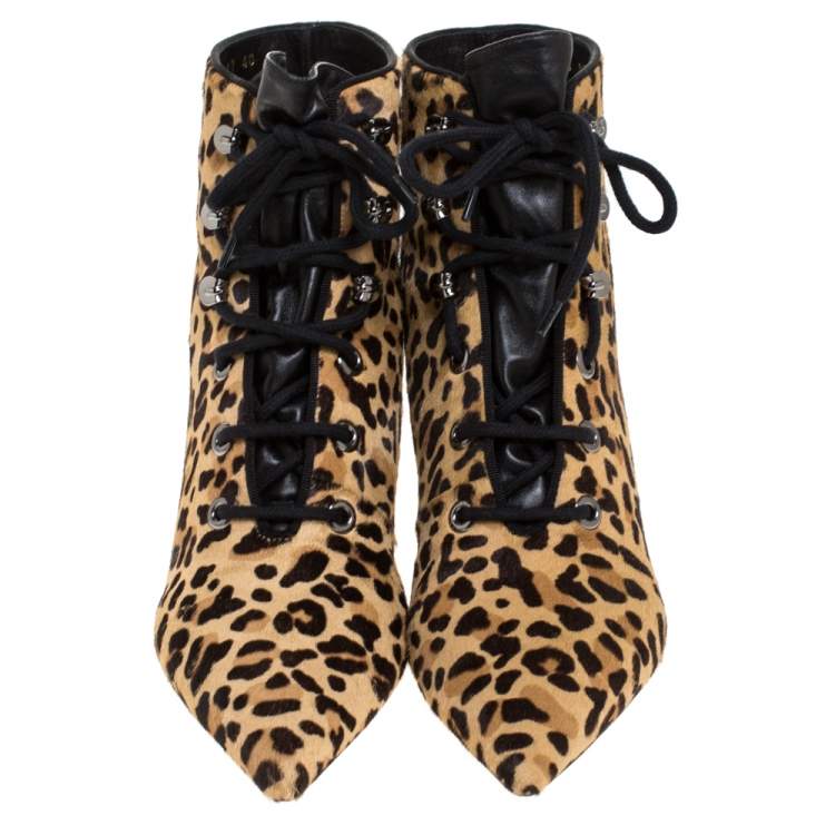 Pre Owned Dior Leopard Print Pony Hair Lace Up Kitten Heel Ankle Boots Size 40