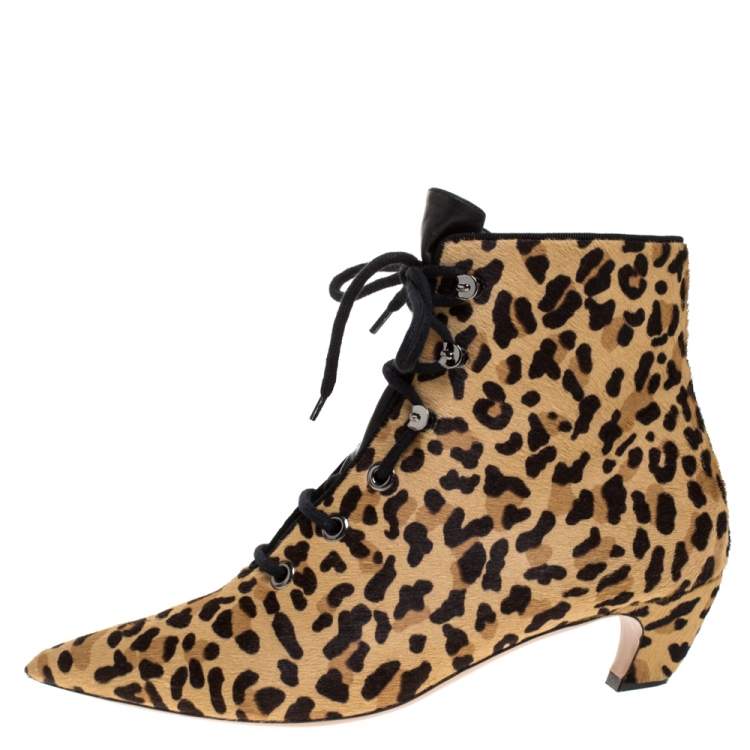 Dior Leopard Print Pony Hair Lace Up Kitten Heel Ankle Boots Size 40 Dior