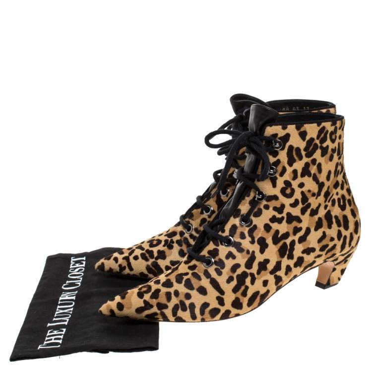 Pre Owned Dior Leopard Print Pony Hair Lace Up Kitten Heel Ankle Boots Size 40