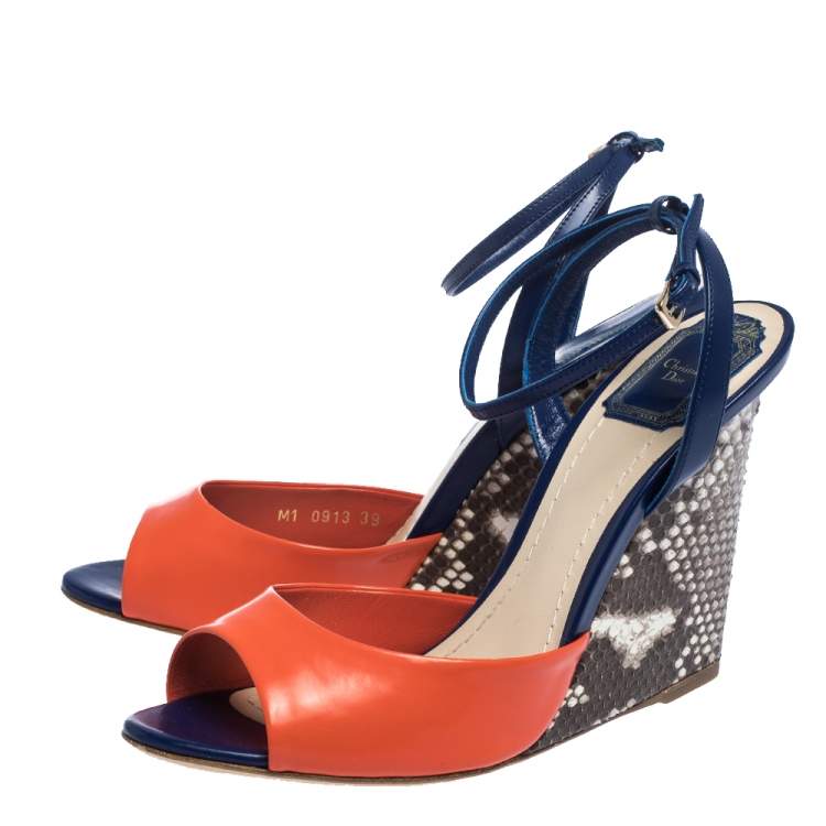 Pre Owned Dior Multicolor Leather and Python Ankle Strap Wedge Sandals Size 39