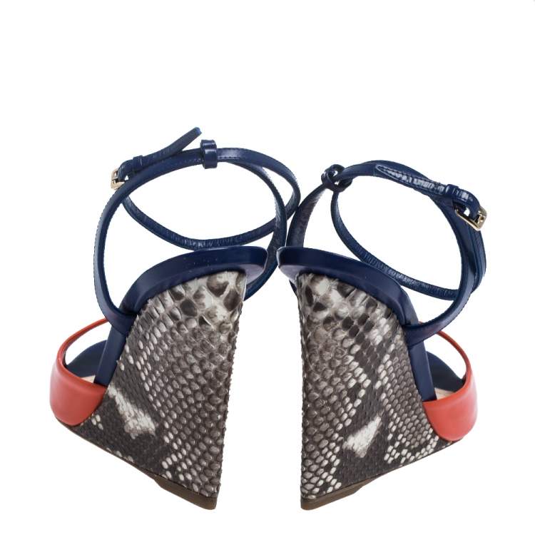 Pre Owned Dior Multicolor Leather and Python Ankle Strap Wedge Sandals Size 39