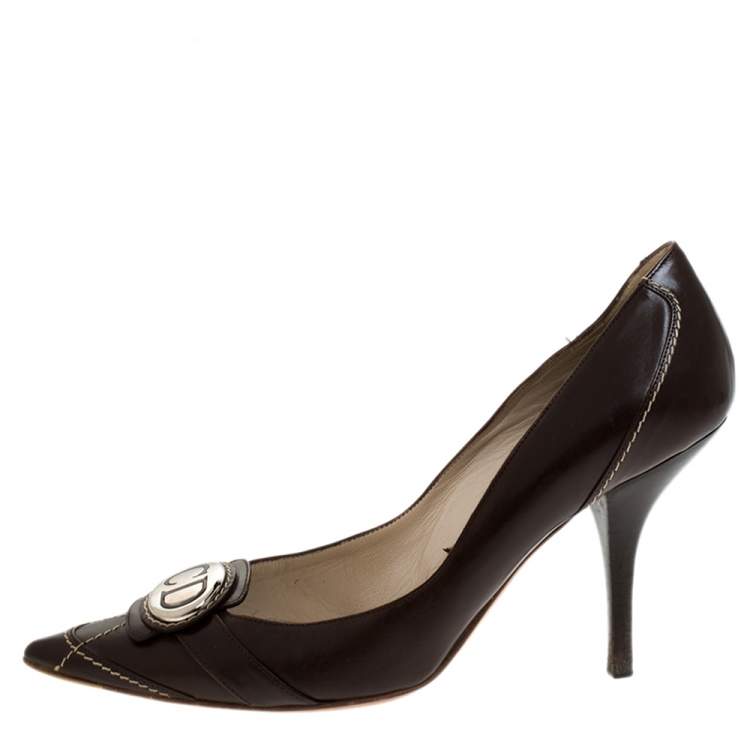 Pre Owned Dior Brown Leather Pointed Toe Logo Pumps Size 37