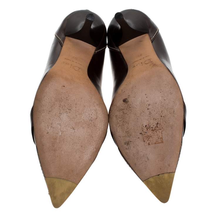 Pre Owned Dior Brown Leather Pointed Toe Logo Pumps Size 37