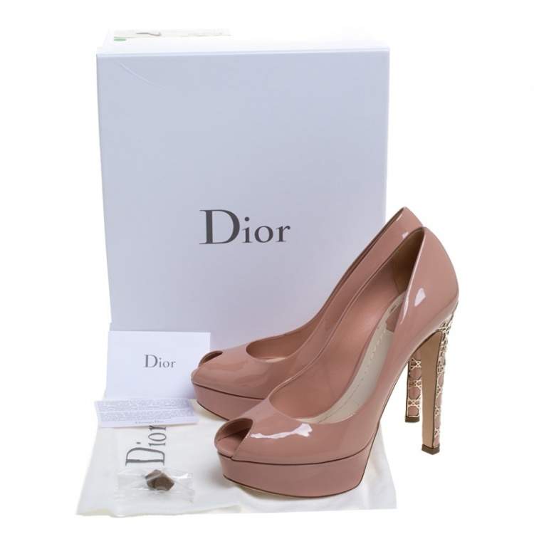 Pre Owned Dior Beige Patent Leather Metal Cannage Heel Peep Toe Platform Pumps Size 38