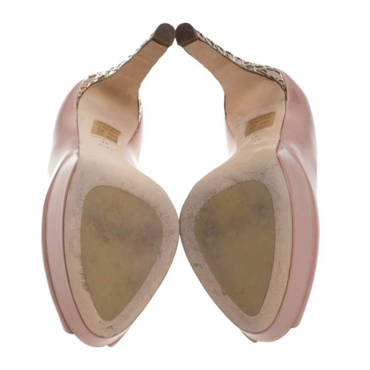 Pre Owned Dior Beige Patent Leather Metal Cannage Heel Peep Toe Platform Pumps Size 38