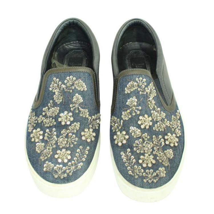 Pre Owned Dior Blue  Crystal Embellished Dark Wash Denim And Leather Happy Slip On Sneakers