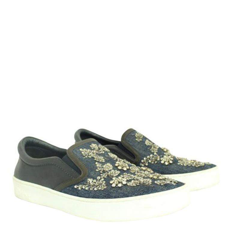 Pre Owned Dior Blue  Crystal Embellished Dark Wash Denim And Leather Happy Slip On Sneakers