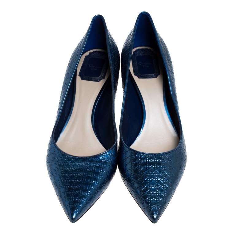 Pre Owned Dior Metallic Blue Micro Cannage patent Leather Cherie Pointed Toe Pumps Size 40