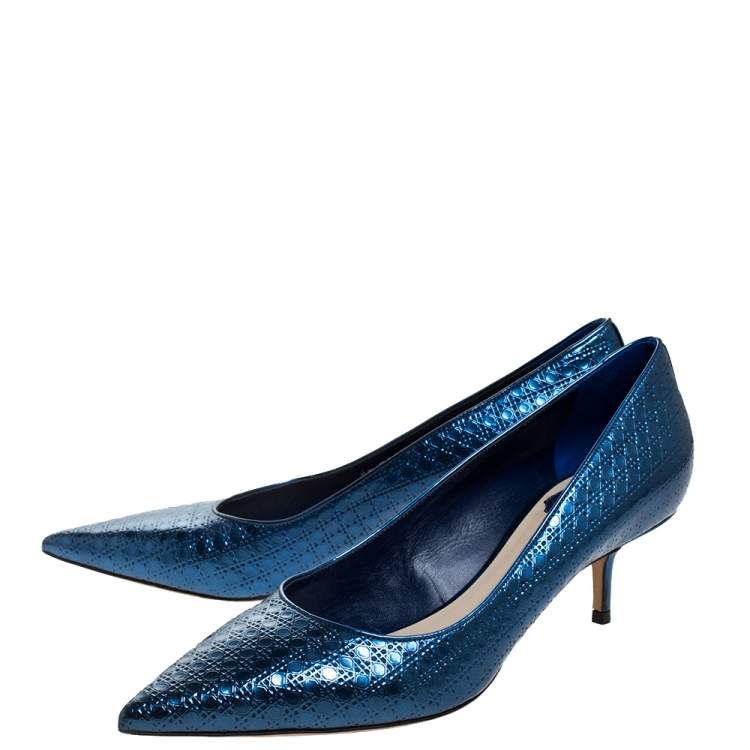 Pre Owned Dior Metallic Blue Micro Cannage patent Leather Cherie Pointed Toe Pumps Size 40