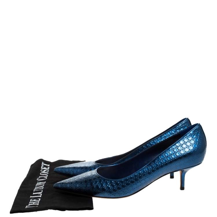 Pre Owned Dior Metallic Blue Micro Cannage patent Leather Cherie Pointed Toe Pumps Size 40