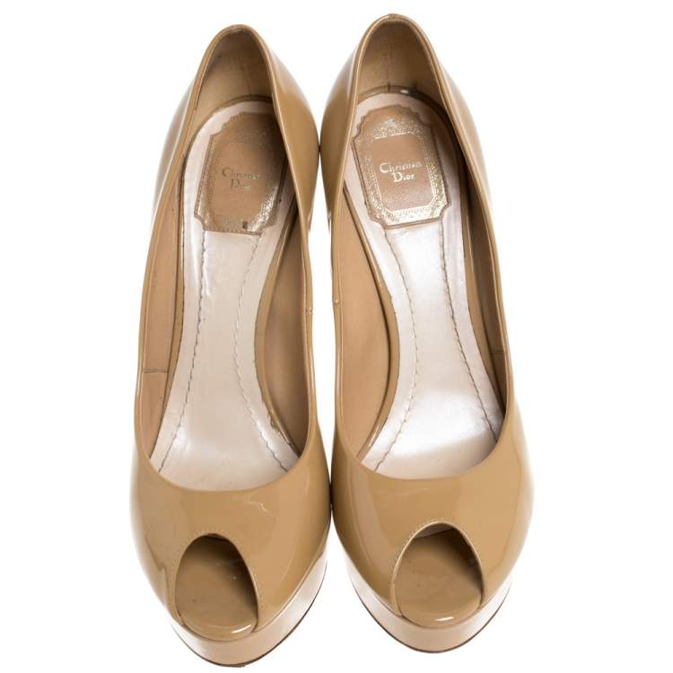 Pre Owned Dior Beige Patent Leather Miss Dior Peep Toe Platform Pumps Size 39.5