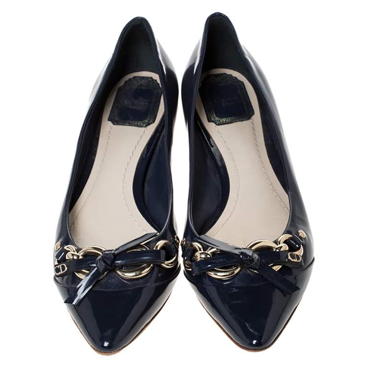 Pre Owned Dior Dark Blue Patent Leather Bow Detail Pointed Toe Ballet Flats Size 38