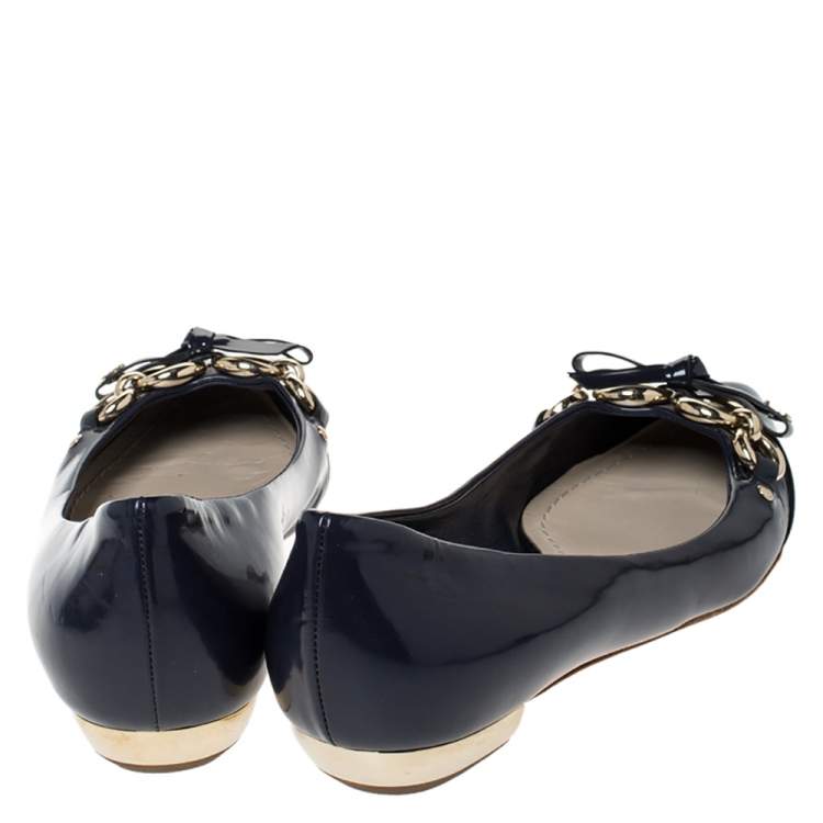 Pre Owned Dior Dark Blue Patent Leather Bow Detail Pointed Toe Ballet Flats Size 38