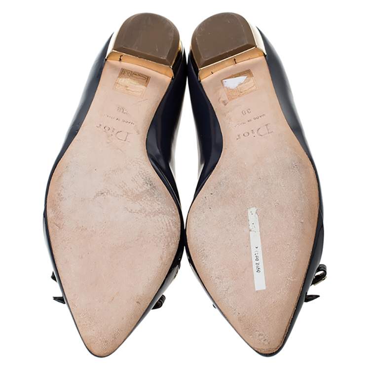 Pre Owned Dior Dark Blue Patent Leather Bow Detail Pointed Toe Ballet Flats Size 38