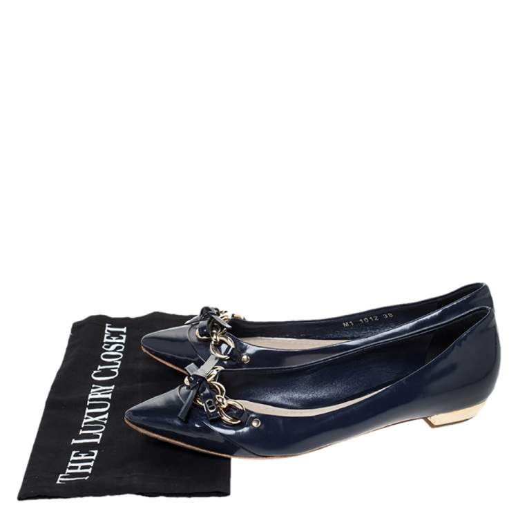 Pre Owned Dior Dark Blue Patent Leather Bow Detail Pointed Toe Ballet Flats Size 38