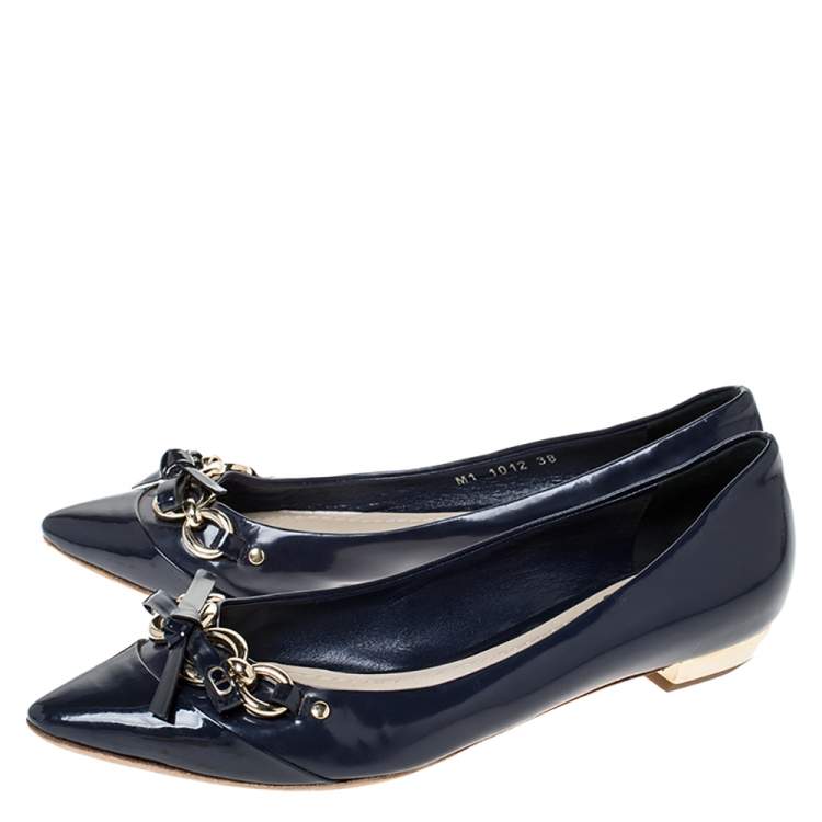 Pre Owned Dior Dark Blue Patent Leather Bow Detail Pointed Toe Ballet Flats Size 38