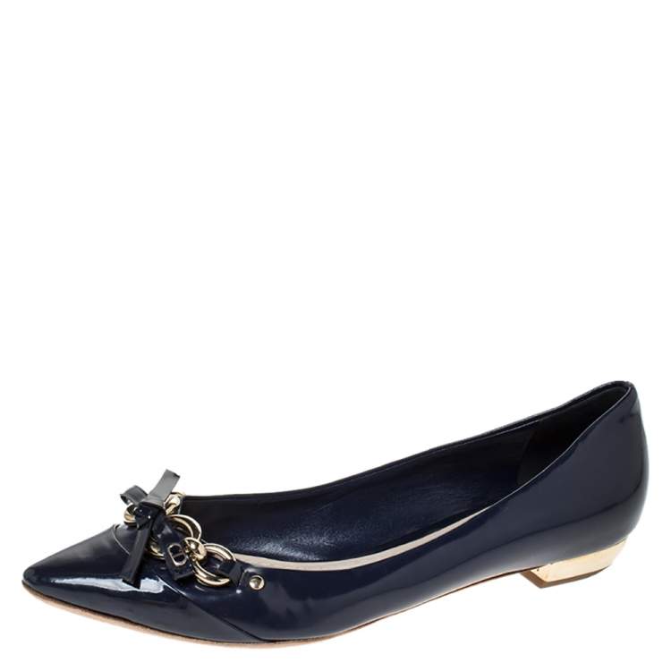 Pre Owned Dior Dark Blue Patent Leather Bow Detail Pointed Toe Ballet Flats Size 38