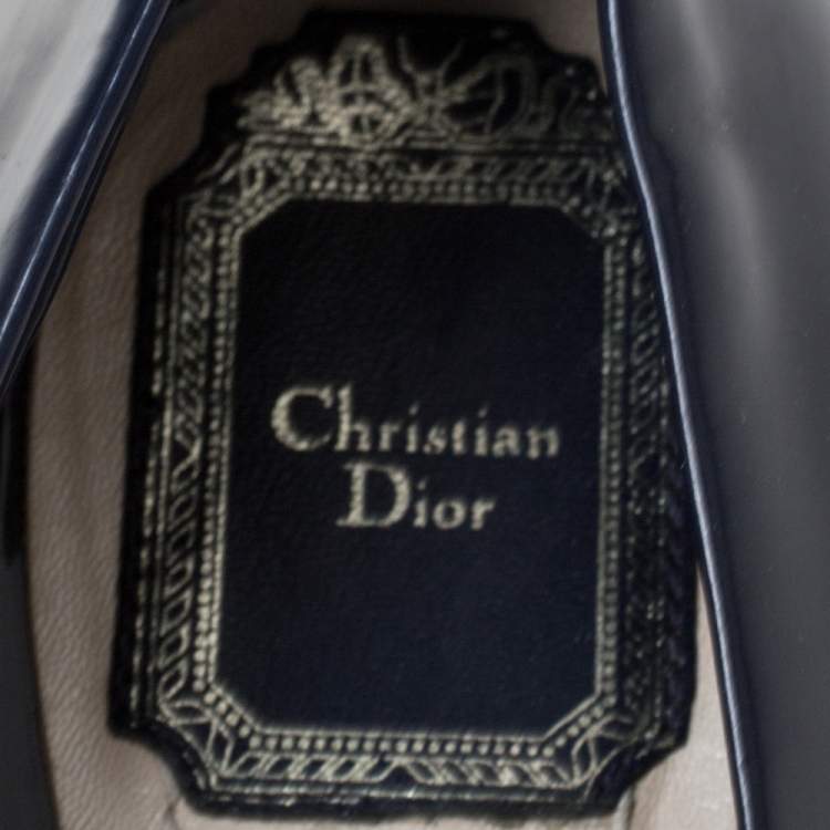 Pre Owned Dior Dark Blue Patent Leather Bow Detail Pointed Toe Ballet Flats Size 38