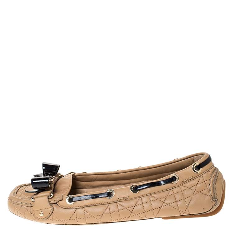 Pre Owned Dior Beige Cannage Quilted Leather Bow Detail Loafers Size 38