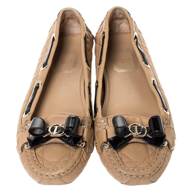 Pre Owned Dior Beige Cannage Quilted Leather Bow Detail Loafers Size 38