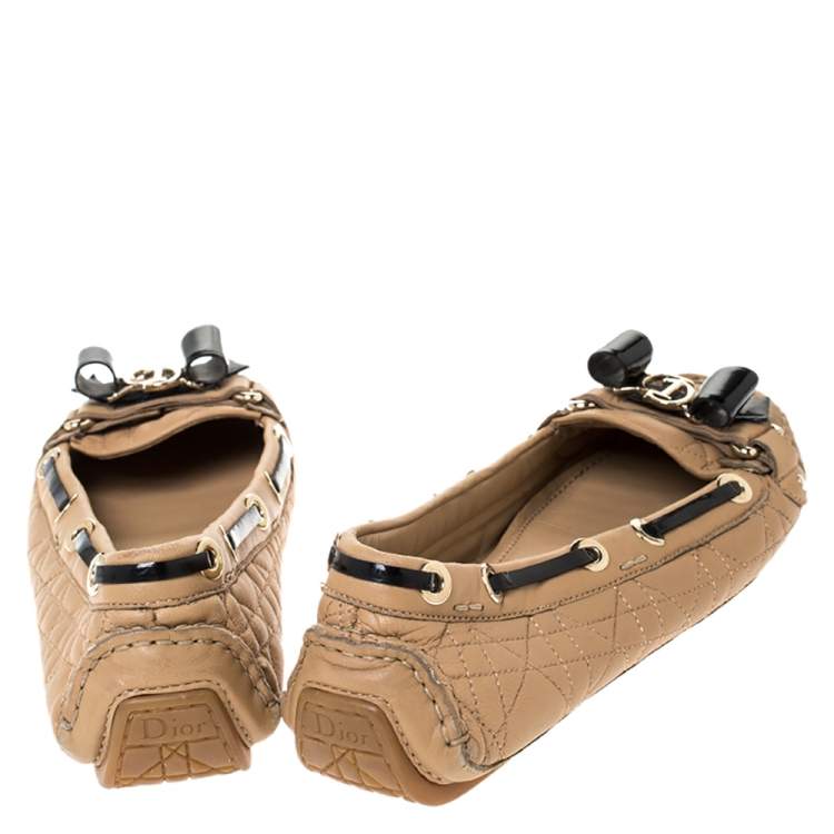 Pre Owned Dior Beige Cannage Quilted Leather Bow Detail Loafers Size 38
